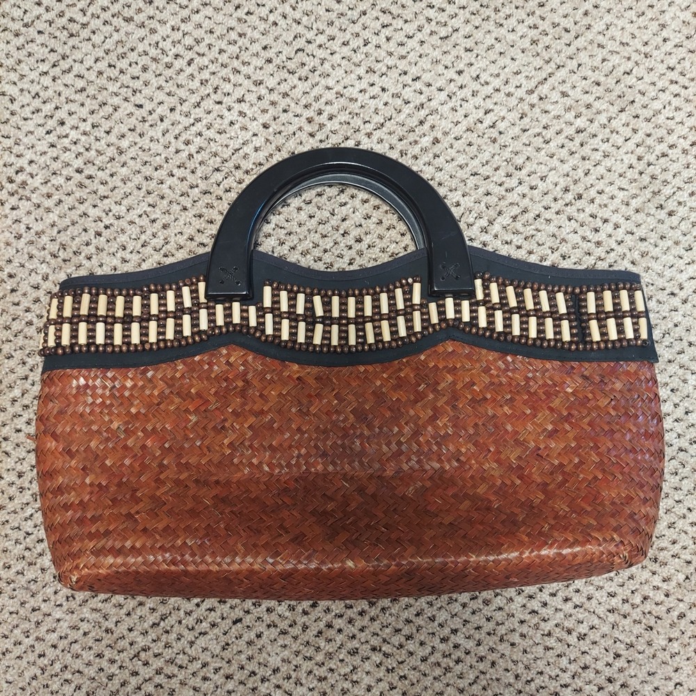 St Johns Bay Woven Straw Beaded Tote Bag Brown Boho Summer Handbag Wood Beadsβ